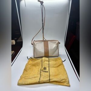 Vintage Fendi Stripe Canvas Crossbody Bag Brown Leather Trim Italy READ